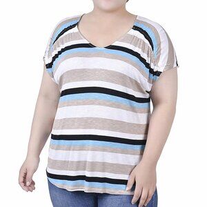 NY Collection Plus Size V-Neck Striped Top Turquoise Multi Stripe, Size 2X, NWT